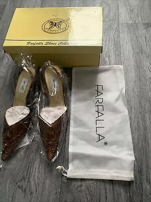 Farfalla Size 5 Sequin Embroidery Party Leather Sandal Shoes Brown Pointed-toe • £5