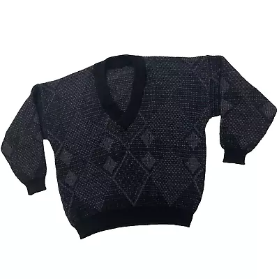 Vintage Sweater Men 17%Wool Acrylic Black Teal Purple VTG Argyle Diamond Italy • $24.64