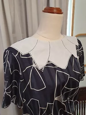 Vintage 70s-80s Black & White Sheer Dolina Dress With Unique Collar Size 12 • $36