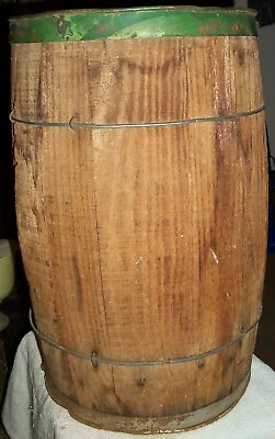 Antique Vintage Primitive Small 18  X 11  Wood & Green Metal Bands Wood Barrel • $39.99