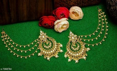 $28.88 • Buy Stunning Gold Stone Indian Ear Cover Chain Sahara Jhumka Bahubali Earrings Pair