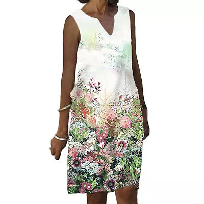 Vintage Dress Sleeveless Vivid Flower Print Neck Sleeveless Midi Dress Comfy • $23.08