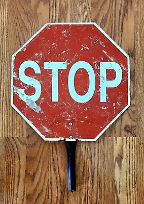 Vintage Double Sided Metal Stop & Slow Sign Metal Handle Traffic Hand Held • $36.99