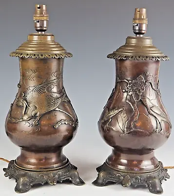 A Pair Of Japanese Bronze Dragon Chasing The Bird Table Lamps • £950