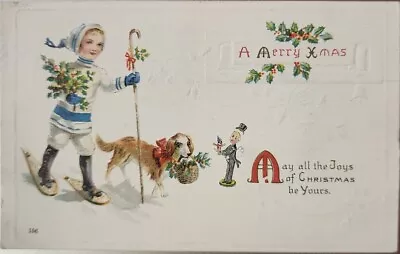 $8.95 • Buy A Merry Xmas Early 1900s Child Snowshoeing With Puppy, Vintage Postcard