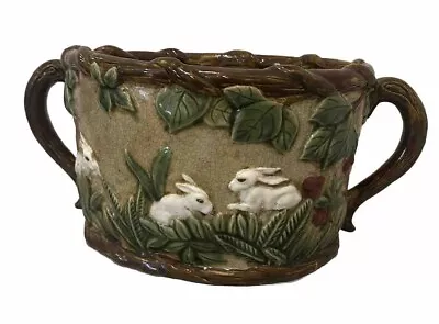 Mid-Century French Painted Majolica Cachepot With Rabbit And Leaf Motifs- RARE • $399.99
