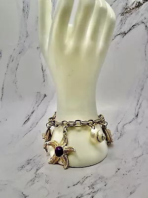 Vintage Charm Bracelet White / Gold Tone 4 Charms Fish Shell Starfish 7” Chain • $9.99