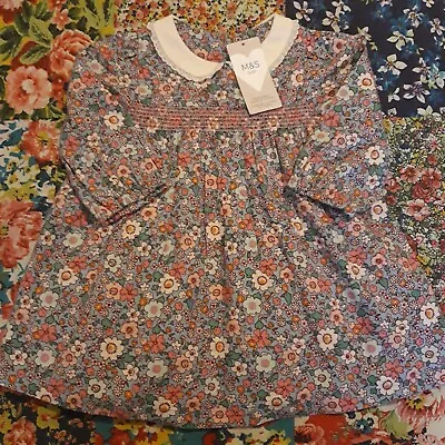 £12.50 • Buy M&s 9-12 Bnwt Retro Floral Smocked Dress Marks And Spencer New Peter Pan Collar
