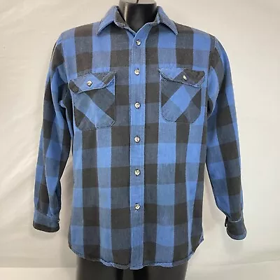 Vintage Fieldmaster Blue Buffalo Plaid Flannel Shirt Cotton Mens L Made In USA • $24.77