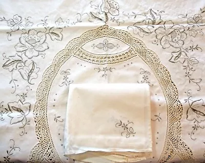 Vintage Tablecloth 12 Napkins Beige With Crochet Lace Cutwork 66x82 • $69.99