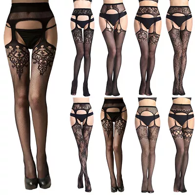 Women Sexy Crochless Stockings Suspender Tights Fishnet Lingerie Pantyhose Black • £3.99