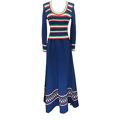 Vintage Neusteters Mexico Diseno Mexicano Couture Long Dress 1970s Blue Stretch • $84.96