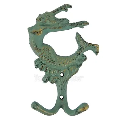 Mermaid Towel Rack Cast Iron Wall Key Hooks Coat Hanger Nautical Green Verdigris • $14.95