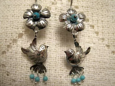 LOVE BIRD & FLOWER W TURQUOISE EARRINGS STERLING SILVER FRIDA KAHLO TAXCO MEXICO • $43.69