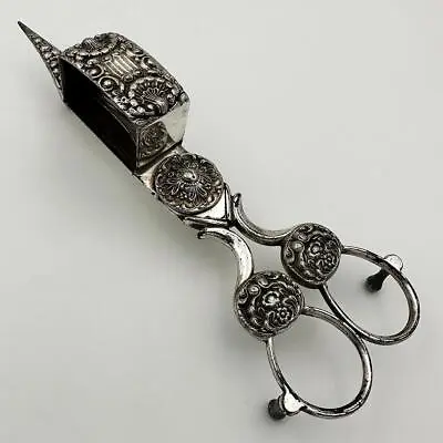 £25 • Buy DECORATIVE CANDLE SNUFFER SCISSORS CLOSE SILVER PLATED 19th Century
