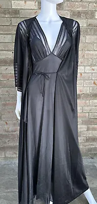 Vtg 70s Small Nightgown Robe Disco Sheer Peignoir Black Vibe Satin Sexy 30” Bust • £55.14