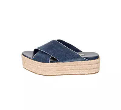 MIU MIU Espadrille Platform Sandals Womens 37.5 Blue Denim Open Toe Slides Jute • $298.74