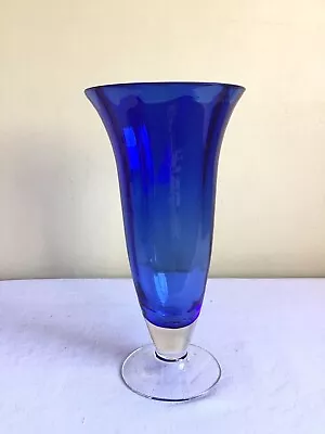 Vtg Dartington Hand Blown Cobalt Blue Clear Art Glass Flare Floral Vase 9.5 H • £26.98