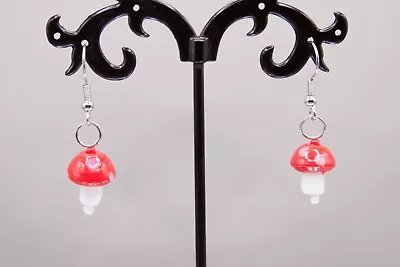 NEW Glass Red Mushroom Dangle Earrings • $4.98