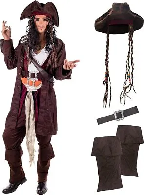 Mens Caribbean Pirate Captain Costume + Hat + Wig Movie TV Fancy Dress M L XL • $52.95