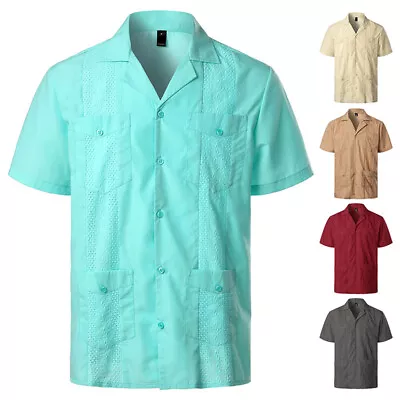 £12 • Buy Men's Guayabera Cuban Beach Wedding Casual Short Sleeve Dress Shirt Lapel V-neck