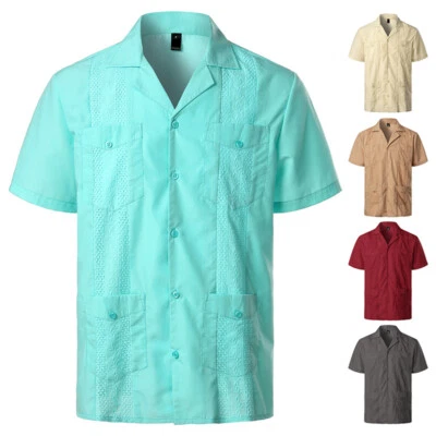 £12 • Buy Men's Guayabera Cuban Beach Wedding Casual Short Sleeve Dress Shirt Lapel V-neck