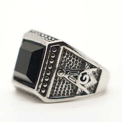 MENDEL Mens Freemason Black Onyx Stone Masonic Ring Stainless Steel Size 7-15 • $11.99