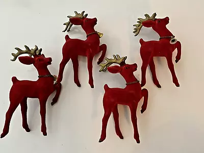 Vtg Lot 4 Flocked Deer Reindeer Christmas Red Velvet 1950's Japan W/ Neck Bell • $21.88