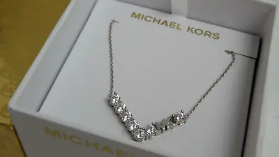 Michael Kors Silver Brass MK Logo Necklace 7 Single Crystals MKJ7314040 + MK BOX • $67.49