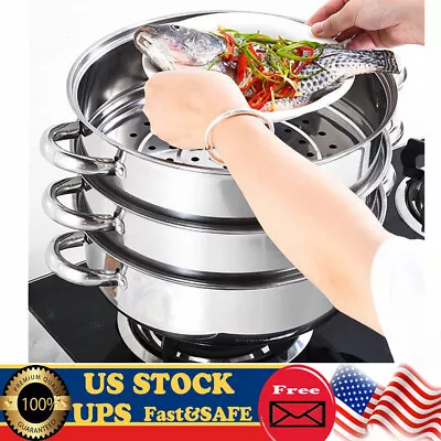 3 Tier Steamer Hot Pot Stainless Steel Cooker Steam Pot Food Cooking + Glass Lid • $40