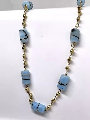 Light Blue & Black Stripe Cane Tube Beaded Stations Gold Tone Necklace • $6.35