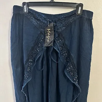 NEW Magic Women's Wide Leg Gypsy Boho Beaded Rayon Blue Pants Free Size RARE • $39