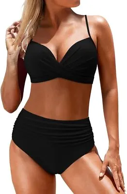 DOULAFASS High Waist Ruched Tummy Control Bikini Swimsuit Swimming Costume BNWT • £14.95