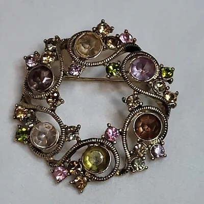 Monet Goldtone Wreath Multi-color Rhinestones Brooch Pin Vintage • $18.53