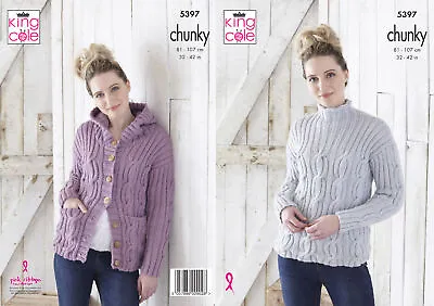 Womens Cable Knit Sweater & Hoodie Ladies Chunky Knitting Pattern King Cole 5397 • £3.99