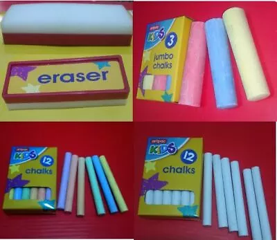 Kids Chalks Jumbo Size White & Colourful Chalks Eraser For Chalk Board Gift • £1.99