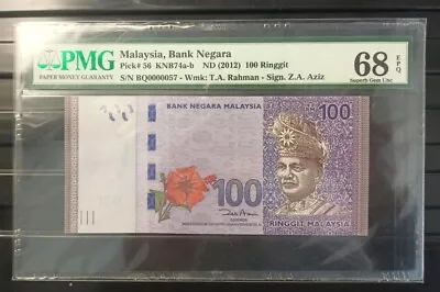 Malaysia Banknote Rm100 Pmg68epq Low Number Bq0000057 Zeti Gabenor • $150