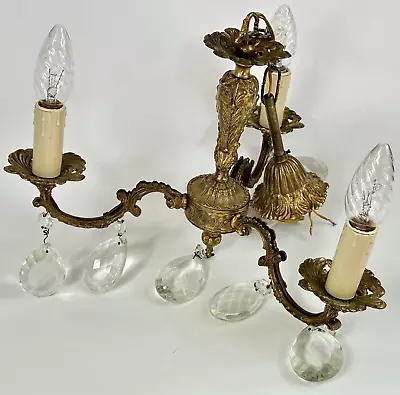 Vintage French 3 Arm Elegant Ceiling Light Chandelier With Crystal Droplets • $57.19