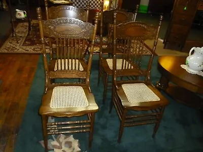 Antique Oak Larkin Chairs Press Back Cane Seats Set Of 4 Refinished 1908 • $1385