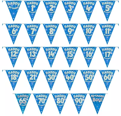 Party Bunting Happy Birthday Banner Blue Silver Holographic 11 Flags 3.9m 12ft • £2.99