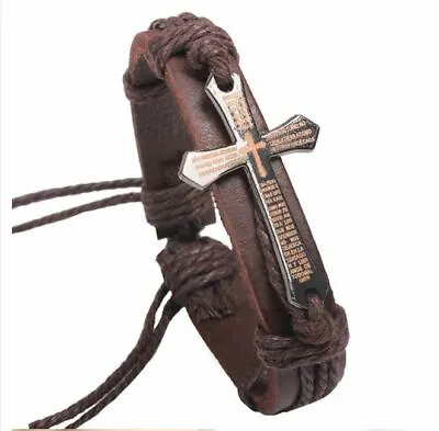 Lord's Prayer Adjustable Leather Bracelet Wristband Cross Bracelet - Spanish • £8.63