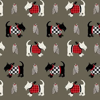 BTY Holiday Road Trip Scottie Dogs On Grey Cotton Fabric By The Yard Studio E • $10.50