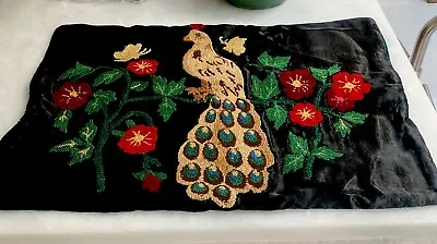 Vintage PEACOCK Crewel Embroidery On Green Satin Completed Pillow Case  14 X19  • $40