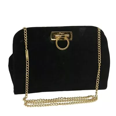 Salvatore Ferragamo Chain Shoulder Bag Suede Black Auth 39148 • $263.98