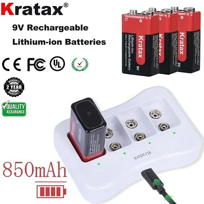 Kratax Rechargeable 9V Batteries 850mAh 6F22 9 Volt Lithium Batteries 9V Charger • £66.47