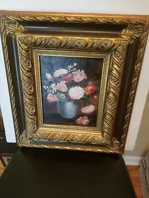 Vintage Original Floral Oil Painting.Gold & Brown Gilt Frame 17 X19 .Signed  • $125