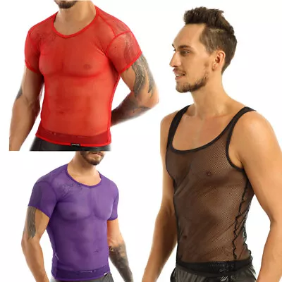 Mens Mesh T-shirt Gym Training Tank Tops See-through Tee Undershirt Clubwear  • £8.39