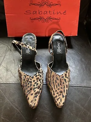 Ladies”Farfalla London”Slingback Shoes Size3/36 Leopard Print Pattern &Tiny Bead • £6.50