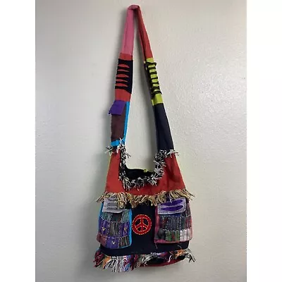 Patchwork Peace Crossbody Monk Bag Hippie Multicolor Boho Festival Hobo Style • $25