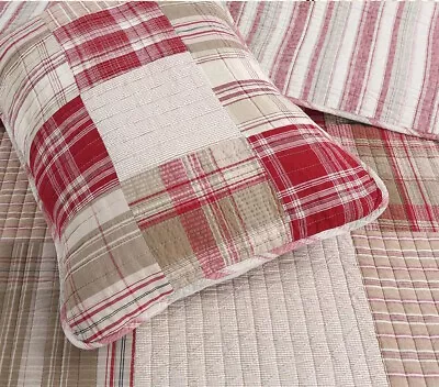 Farmhouse Red Plaid Quilt Set : Country Cozy Cabin Cotton Stripe Christmas • $104.45